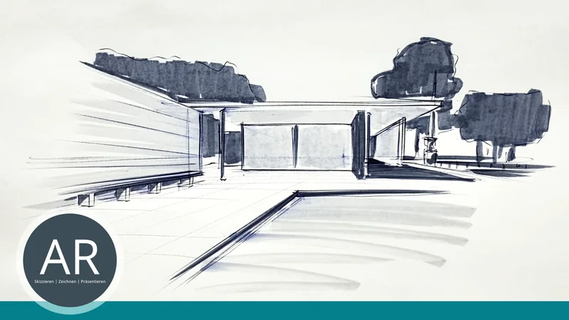 Barcelona-Pavillon von Mies van der Rohe als Architektur-Skizze für Bewerbungsmappe