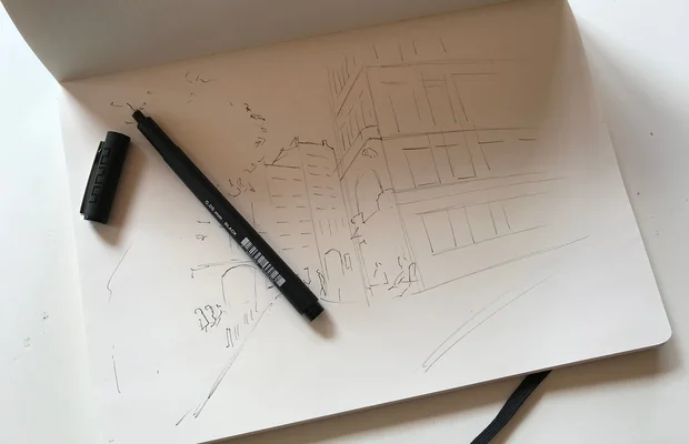 Architektur-Skizze in Perspektive. Vorskizze mit Markern zeichnen.