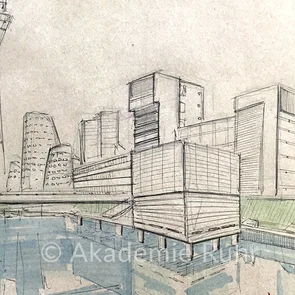 Das Beispiel aus unserem Mappenkurs Architektur und Städtebau zeigt dir eine Architektur -Schnellskizze. Locker skizziert und nur leicht koloriert. So wird die Wirkung der Skizze verstärkt.