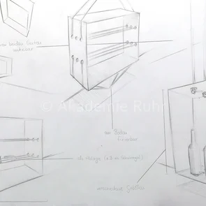 Unser Mappenkurs Retail-Design hilft dir nicht nur bei der Entwicklung einer neuen Idee, sondern unterstützt dich auch bei der Umsetzung in unterschiedlichen Zeichentechniken. Dazu gehören 2-Punkt-Perspektive, 3-Punkt-Perspektive oder auch 1-Punkt-Perspektive