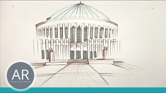 Architektur-Zeichnungen in der 1-Punkt-Perspektive oder Zentralperspektive
