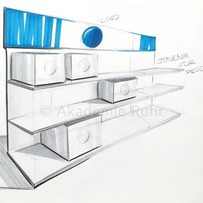 Eine vielseitige Bewerbungsmappe Retail-Design beinhaltet interessante Produktdarstellungen und stellt diese in verschiedenen Konzepten vor