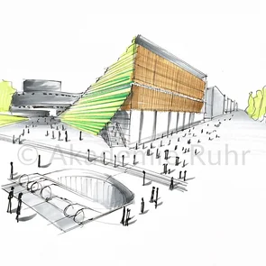 Architektur und Städtebau-Skizzen dieser Art werden in unserem Mappenvorbereitungskurs Architektur und Städtebau mit Markern verfeinert. Die Kolorierung kann auch nur fokussierend eingesetzt werden.